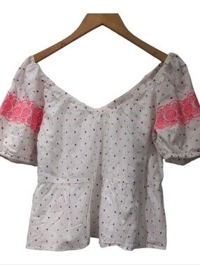 LOFT White Peplum Blouse with Pink Embroidery
